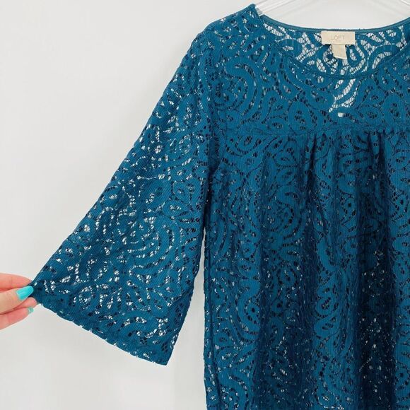 NEW LOFT Size Small Dark Teal Lace Half Sleeve Career Blouse Top - Picture 4 of 7